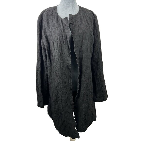Eileen Fisher Womens Jacket Large Crinkle 100% Wool Black Cardigan long langenlo - Picture 16 of 16